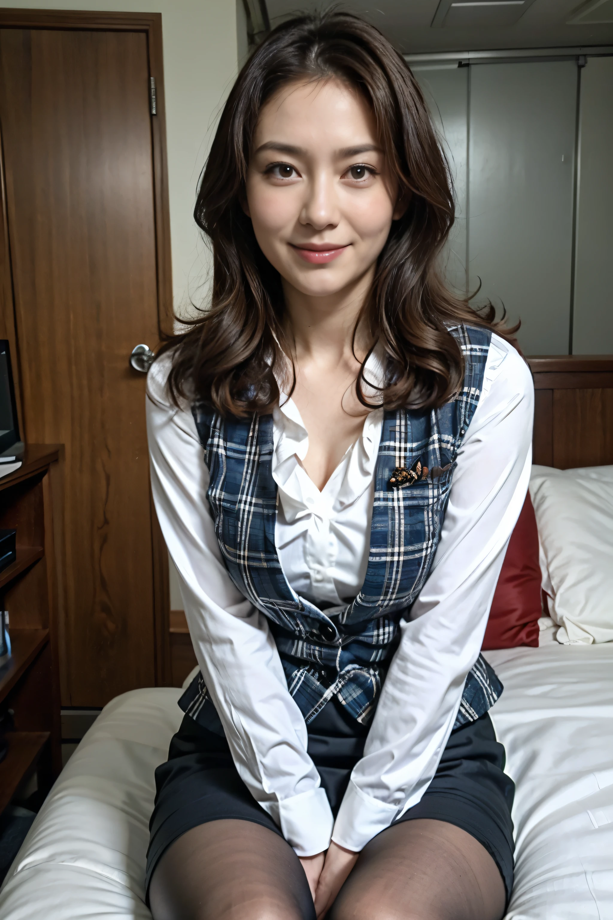 best quality, masterpiece, high resolution, Reality, RAW photos, 8k wallpaper, Perfect, Professional lighting, Very detailed, Written border depth, ((A beautiful woman)), 30 years old, Sexy woman, Office female staff, Upper Body, ((Looking at the camera)), Delicate face, beautiful eyes, ((Expectations)), Full breasts, cleveage, Cowboy shooting, ((Place your arms between your legs)), (Super realistic pantyhose), Dark brown eyes, Shy smile, plaid vest, Skirt and thighs, sitting on the bed in the bedroom, curls, Realistic skin texture, Glowing skin,