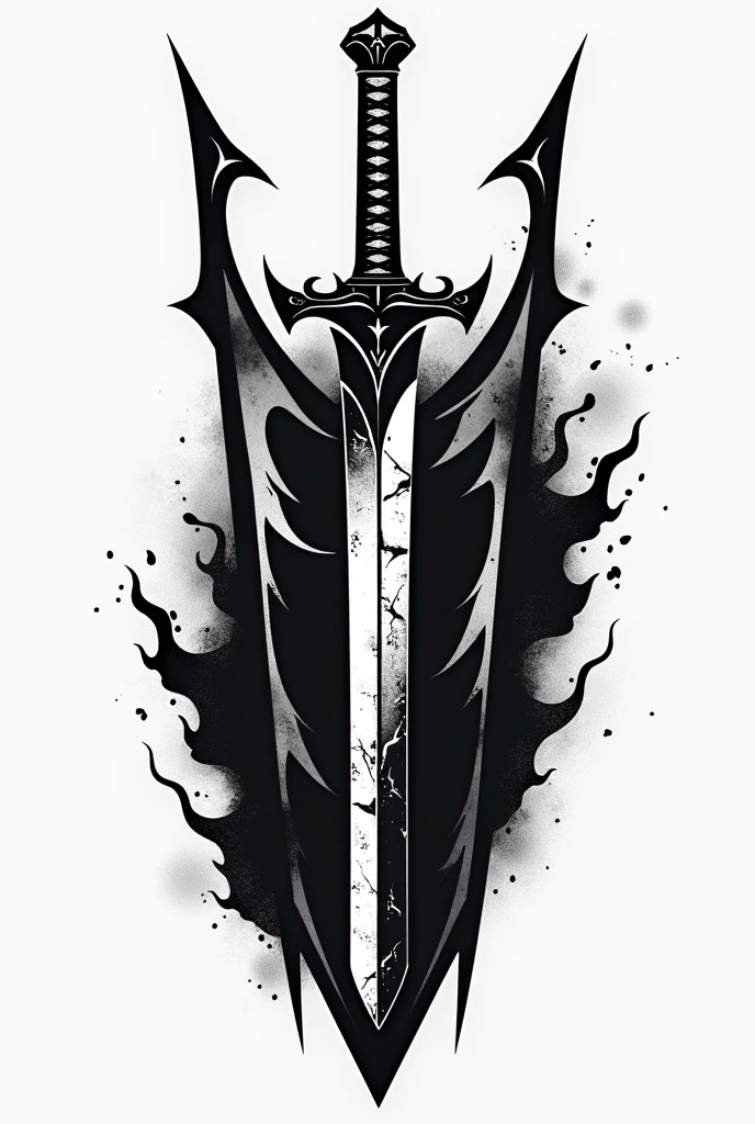 Create a monochromatic sticker design for a motorcycle named 'ENMA,' inspired by the legendary sword from One Piece and its meaning as the King of the Underworld in Japanese mythology. The design should feature a stylized, slightly curved katana with sharp, angular lines, representing the Enma sword. The blade should have faint, dark markings or cracks to emphasize its legendary and fearsome nature.The name 'ENMA' should be integrated into the design, either along the blade or beneath it in a bold, slightly distressed font that gives a battle-worn appearance. Surround the sword with subtle flames or shadowy effects to evoke its demonic and underworld connotations. The entire design should be in a black and white or dark grey and white color scheme to ensure high contrast and easy printing.Frame the design in a shape that complements it, like an elongated oval or sharp-edged shield form, ensuring the overall look is sleek and menacing, perfect for a motorcycle sticker.