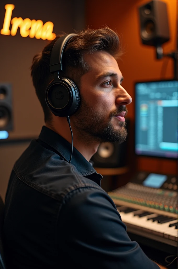 Face of a man wearing headphones while listening to music in a studio marked Irena Studio