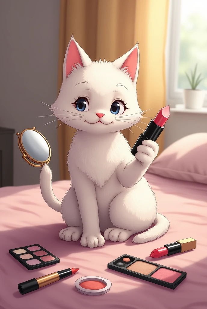 There is a cat. She is sitting on the bed. She has a mirror in her hand and a lipstick and there is makeup around her. She is makeup herself. 