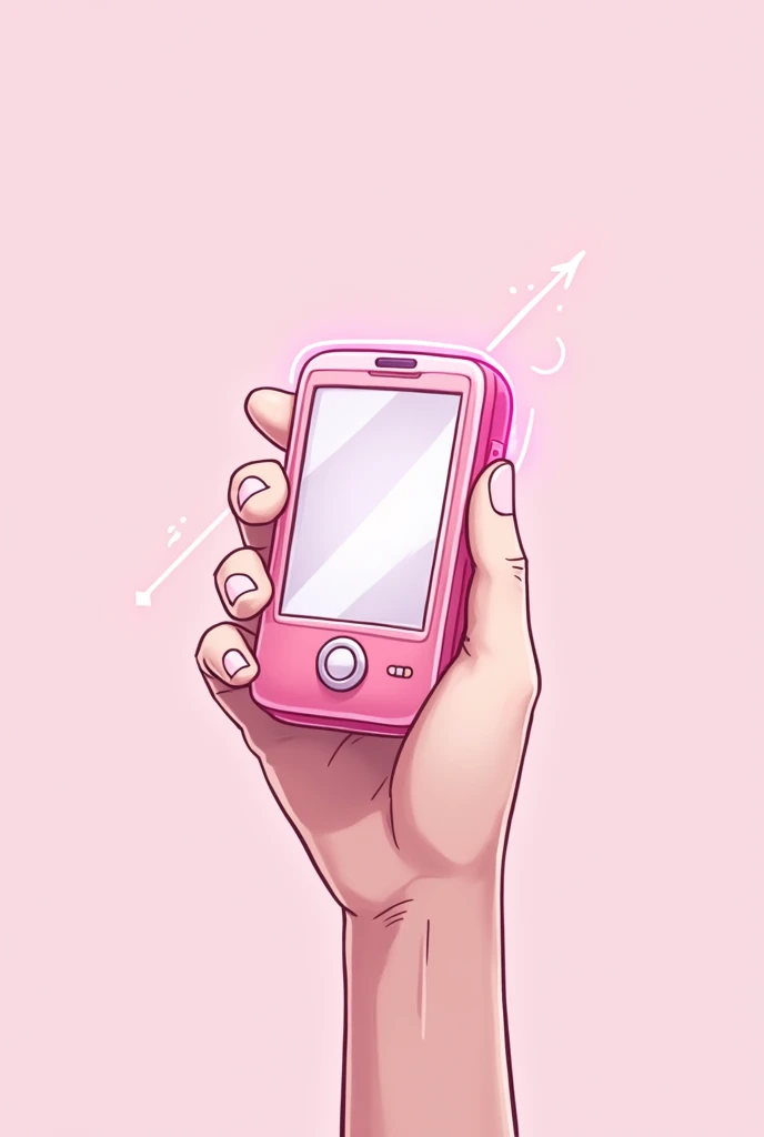 
dessin CHIBI anime d'un telephone portable en gros plan avec un fond neutre tenus par une main le tout en rose et rose clair avec des details fluo sur le contours

