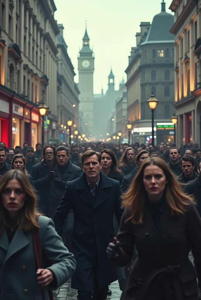 2020 London; Scared people walking around the city(masterpiece, best quality); newspapers((("war news on the way")))with war news!