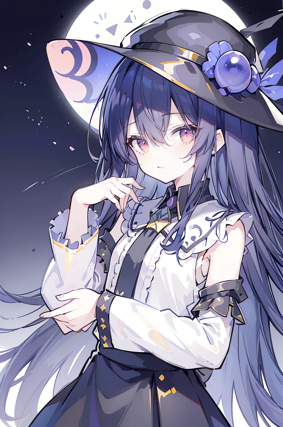 oung Girls,Humanity,A magician always smiles,big witch hat,cute,dark blue long hair,The eyes are dull,The bangs are heavy,Thin eyebrows,fantasy,intake,Double teeth,Star Theme,Constellation pattern,Solid color clothetal decoration,cloak,A bit of a dark atmosphere,A little crazy smile,When the big moon shines outside at night,blood,Hair black star embellishment,Short tie,No nails,High waist skirt,Bell sleeves,Long-sleeved shirt,Black tie,low risk,gentlemen。Mist、Yellow and white effect，Shocking pink as an accent color,Lie on the ground.