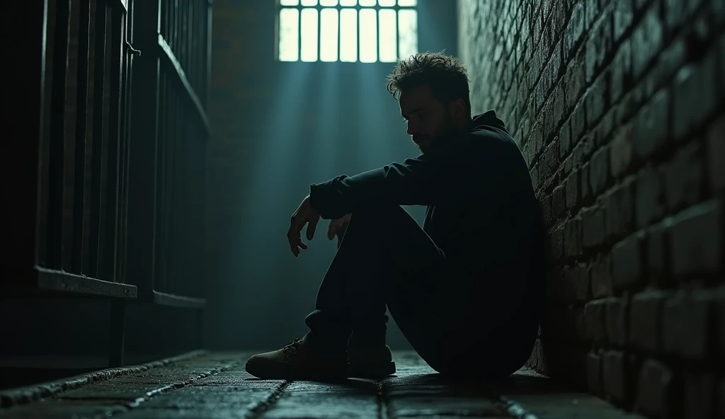 Joseph in a dark, damp cell, sitting on the floor, with an expression of despair mixed with hope. Dim light enters through the cell grate, creating a contrast between darkness and light.