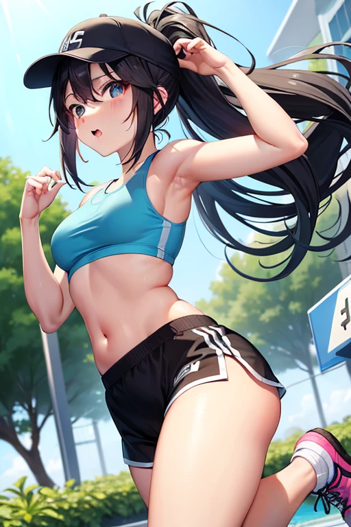 ager,1 beautiful girl、(blush:0.6),Heavy breathing,Sports underwear、Belly-baring tank top、Vertical belly button, Black dolphin shorts、running, ponytail、Sports Cap, Glowing Skin、Expressway