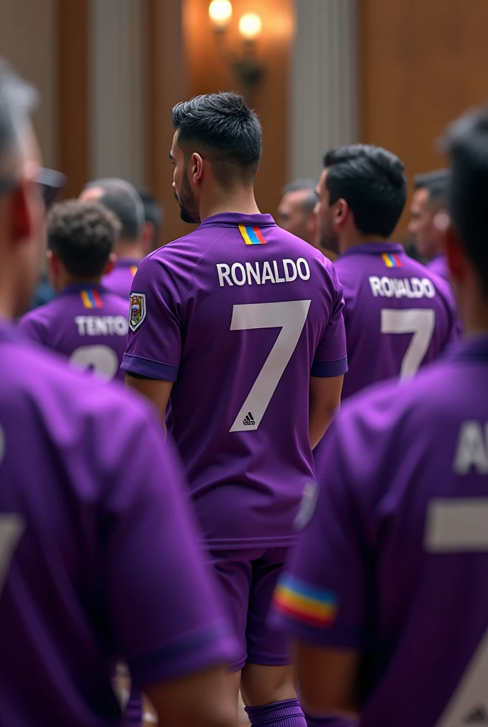 
Ecuadorian assembly members wearing purple CR7 soccer uniforms with the word ADN on the shirt and the number 7 on the back below