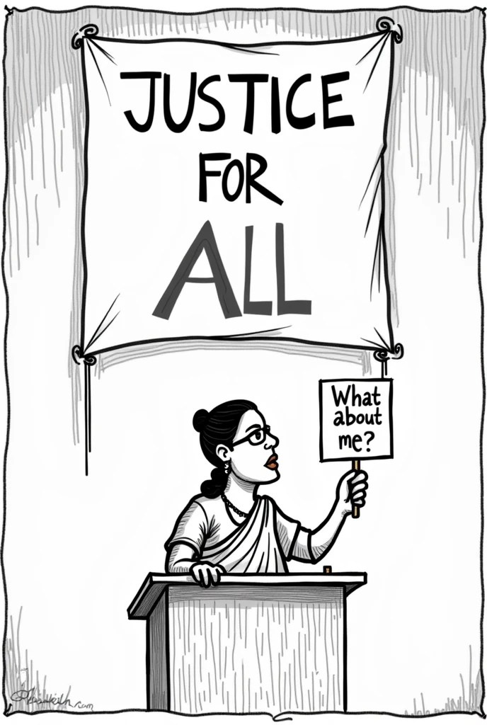 Draw a black and white cartoon of actual Mamata Banerjee standing at a podium giving a speech, behind her a large banner that reads "Justice for All." However, in the background, there's a shadowy figure of a girl representing the Kolkata rape case, which is being ignored or sidelined by her, holding a sign that says “What about me?” This contrasts the official rhetoric with the reality of justice delayed or denied. The cartoon could aim to highlight the disparity between words and actions, calling attention to the urgency of addressing sexual violence