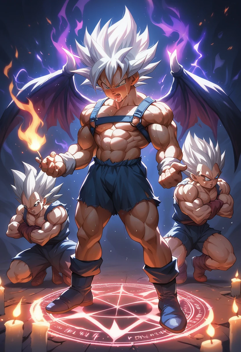 Huge muscles,Crying face,Lots of drool and sweat,Harness,Young face, face,Huge erect penis,Full body image,Young body,Muscular legs,Wearing boots,Large, toned muscles,Goku,super saiyan,Imminent sexual activity,Demon body, wings and horns,Shaking violently,Group Sex,Obscene tattoos,Fantastic magic circle,Lots of ceremonial candles,Flickering flames,Combat start,Ekiben,Massive ,Wrapped in a huge purple flame,