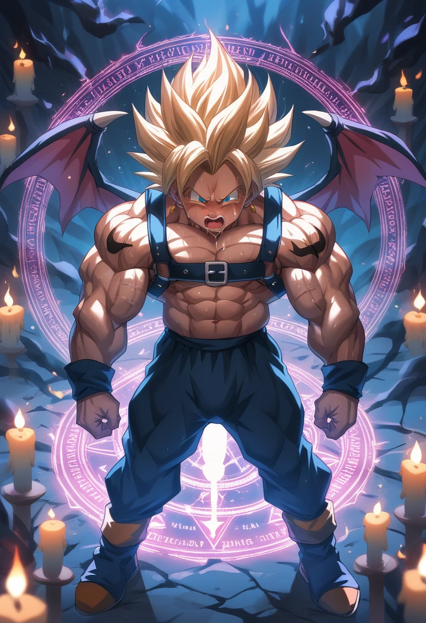 Huge muscles,Crying face,Lots of drool and sweat,Harness,Young face,teenager face,Huge erect penis,Full body image,Young body,Muscular legs,Wearing boots,Large, toned muscles,Goku,super saiyan,Imminent sexual activity,Demon body, wings and horns,Shaking violently,Group Sex,Obscene tattoos,Fantastic magic circle,Lots of ceremonial candles,Flickering flames,Combat start,Ekiben,Massive ,Engulfed in purple flames,The letter M on his forehead