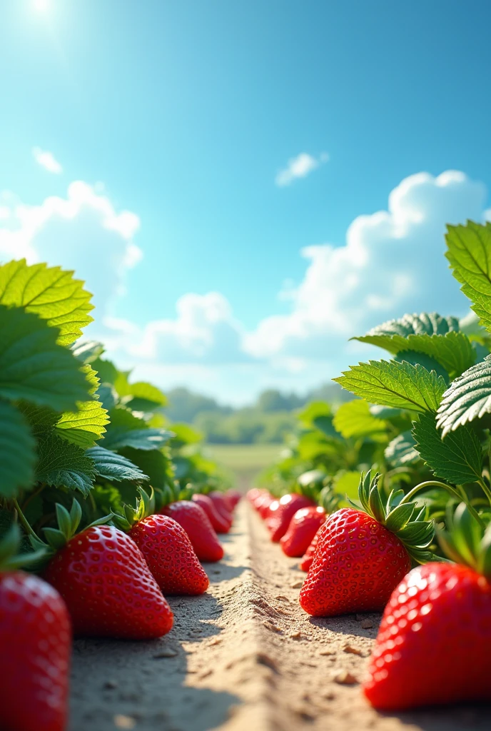 Beautiful straw berry garden with a blue sky on a rough canvas texture