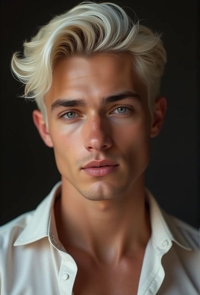 Blonde man with platinum blonde hair, comely, Youngh, Defined traits, symmetrical, blue colored eyes, sensual and romantic look 