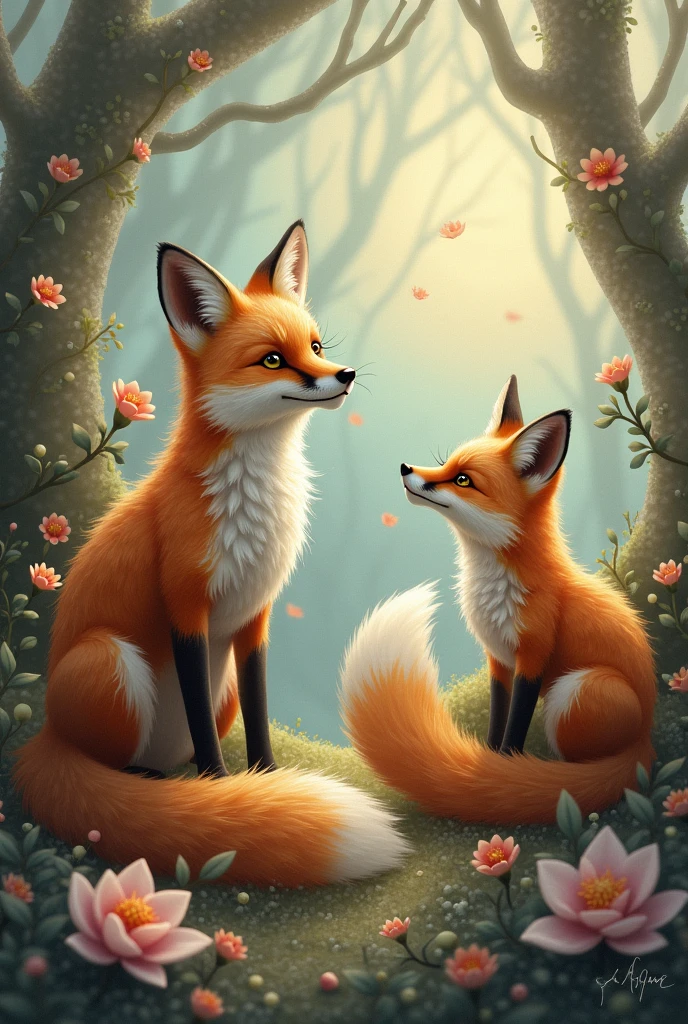 Des animaux magique comme des renard avec écrit floufyteam en plein milieux 