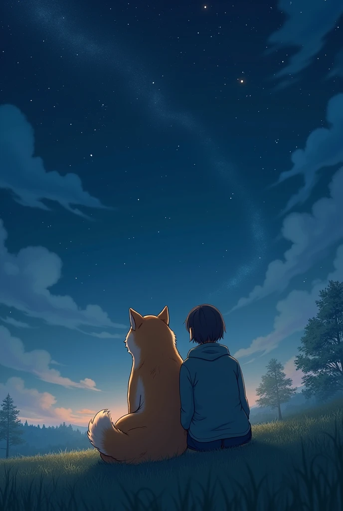 On a gentle hilltop under a vast, starlit sky, a large, fluffy Shiba Inu dog and its owner sit side by side, facing away from the viewer. The dog is enormous, similar in scale to the one in the forest image, but the scene is tranquil and filled with the soft glow of the night. They both gaze up at the starry sky, with the owner leaning slightly against the dog’s warm, comforting fur. The surrounding landscape is peaceful, with a few distant trees visible under the moonlight. The atmosphere is se