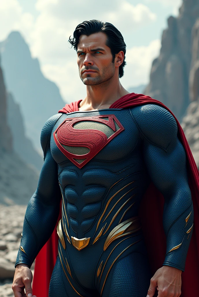 Create a very detailed hyper realistic real image of superman henry cavill in sayan V3 version