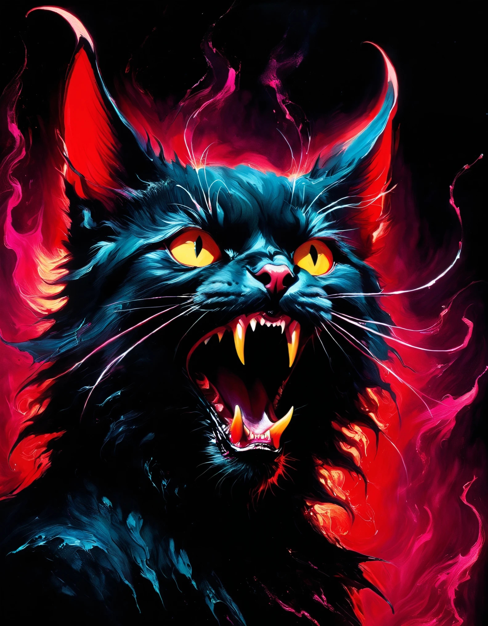 Satan Cat (in style of Bill Sienkiewicz).
painting,feline animal painting,(Crimson and black:1.1),satan cat,black light art,roar,demon accessories