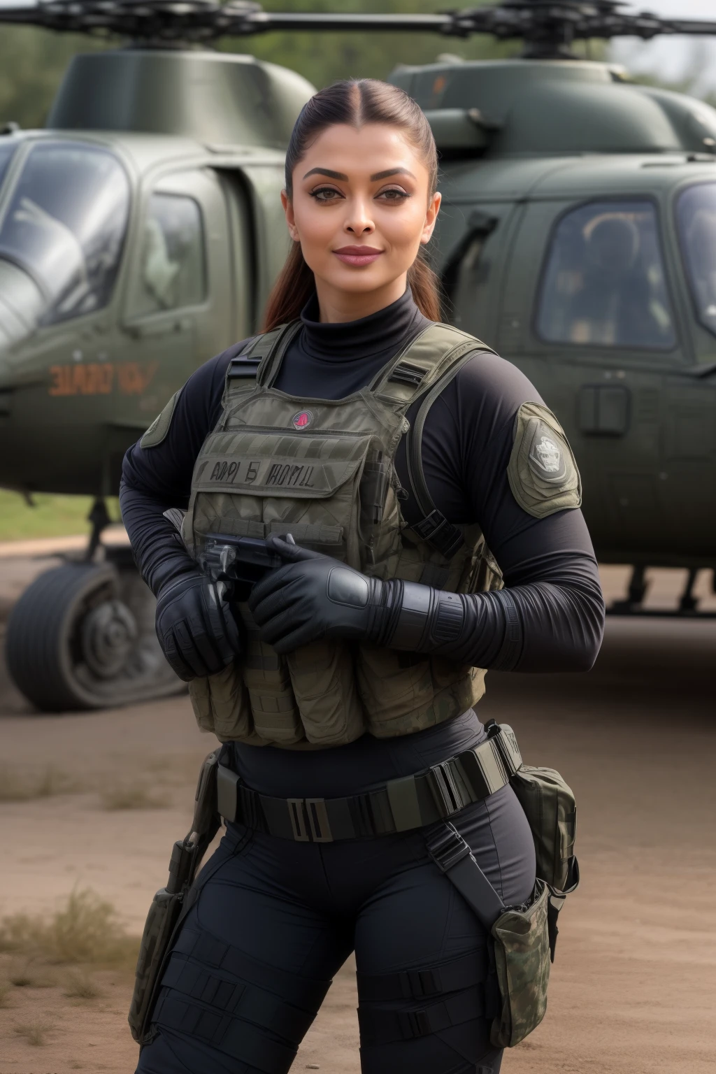 Full body photo of 50YO MATURE MILF AISHWARYA RAI as BIMBO ARMY COMMANDO, ((BLACK COMMANDO GEAR, COMBAT BOOTS, COMBAT GLOVES, KNEEPADS)), CAMO PLATE CARRIER RIG, intricate details, POSING next to army helicopter, ((FLIRTATIOUS MOCKING SMILE)), ((PONYTAIL HAIR)), day scene, mature hourglass figure, look straight at camera, sexy 50 yo mature MILF, soft volumetric lights, intricate details, (ArtStation:1.2)