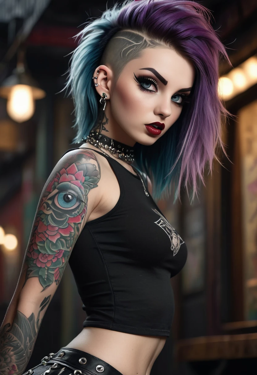 a sexy punk girl with a shaved vulva, nipple piercings, and a visible anus, wearing a mini-skirt, 1girl, detailed face, beautiful detailed eyes, beautiful detailed lips, extremely detailed eyes and face, long eyelashes, shaved vulva, nipple piercings, ((visible anus)), mini skirt, punk style, fishnets, tattoos, dark makeup, dark clothing, grungy, moody lighting, dark shadows, dramatic contrast, photorealistic, 8k, ultra-detailed, hyper-realistic, masterpiece