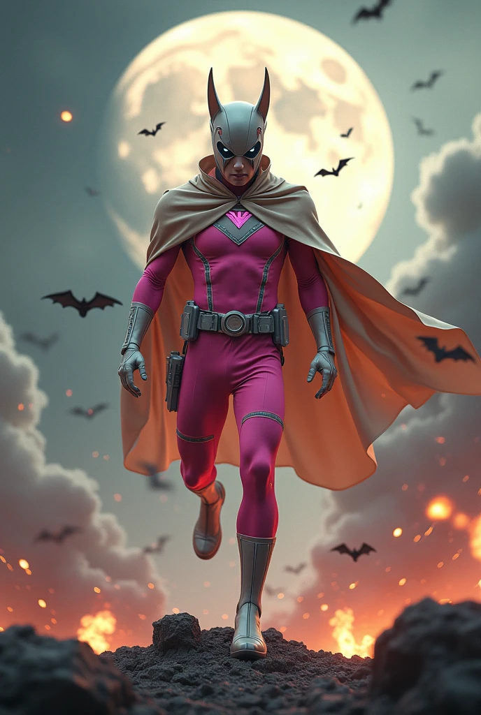 high-tech suit, vivid effects, malaysian superhero (KELUANG MAN) in a striking pink and beige costume cyberpunk design, mask small mini bat ear beige, daredevil biage mask, jumpsuit dark pink stands confidently in a dramatic.jumping from high place. Fighting pose , stormy landscape. ((Head covered node guard like batman. Running pose , athletic body type, small mini ear bat mask))The character wears domino mask a helmet with pointed mini torn ears and a flowing cape biege, open nose and mouth. Equipped with visible futuristic weapons on a belt,bullet proof jacket pink dark day.show fingers pose, dark night, big supermoon effect . Small logo on chest triangle shape small punisher logo center triangle cyber logo center on chest pink logo mini logo . rocky. Building top.smoke ground , bomb effect background, losse pants, losses costume.adding to --ar 3:4 --style raw --stylize 500 --v 6.1. chaos. Lot of small flying bat