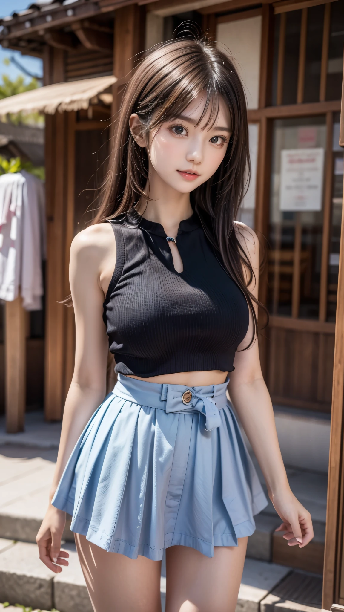 (((A pure and cute high school girl stands in a futuristic city:1.2))), (The strong wind blows the skirt up:1.4), (((Cute underwear is visible:1.2))), Beautiful straight hair, Brown Hair, Immersion, (Beautiful symmetrical eyes), ((Thin thighs, Inner thighs:1.2)), Slender body line, ((Tight waist:1.2)), (Japanese Idols, , beautiful girl), (Goth Clothing:1.2), (Perfect Anatomy:1.2), Beautiful breasts, Beautiful buttocks, (Highest quality、Highest quality、Masterpiece、Ultra high definition、Reality:1.37), (Detailed eyes and face:1.3、Professional photography techniques)、(Detailed hands:1.1、The right move:1.1)、((Hair and skirt fluttering in the wind:1.3)), (((mini skirt)))