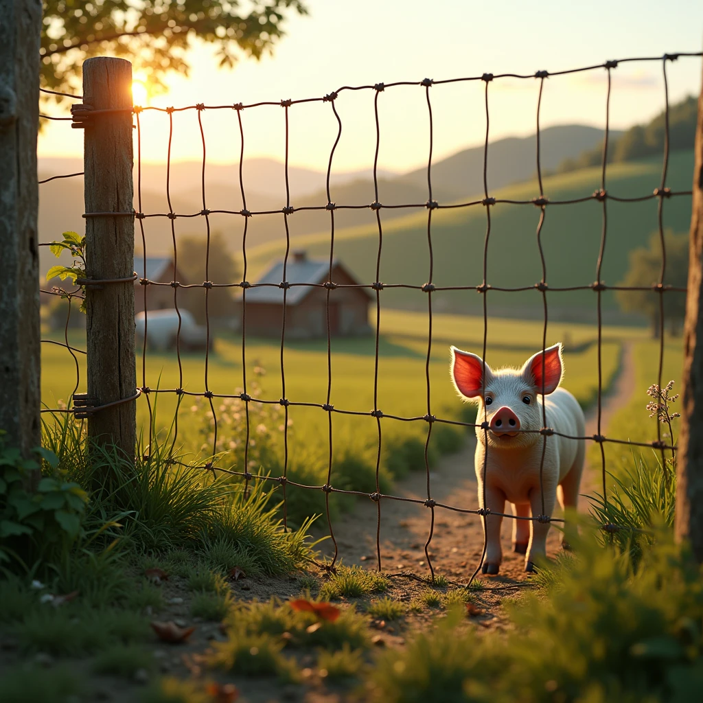 a wire mesh fence with a pig in the background on a farm, ultra realistic, 32k, 