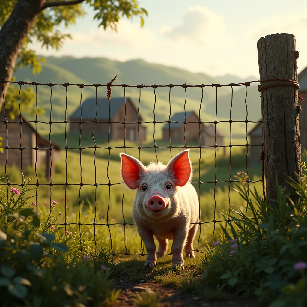 a wire mesh fence with a pig in the background on a farm, ultra realistic, 32k,