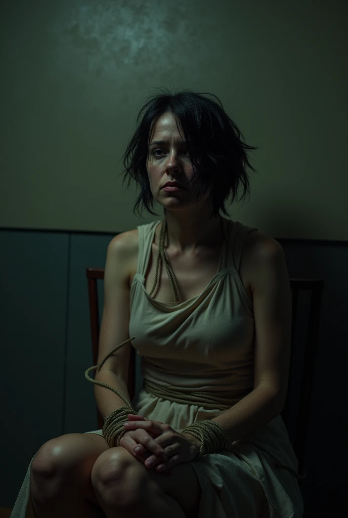 photo of a short haired woman tied to a chair in a dark room with clothes and hands and feet tied