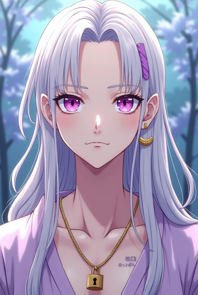 A BOY MALE GENDER,white hair,pink eyes,white eyelashes and eyebrows,with a calm, relaxed and calm expression,light skin tone,very beautiful,straight but long hair and violet highlights,that his appearance is more masculine, that he has a padlock necklace and that he has two gold hoops in his ear,and also that he has a mole under his eye,all this in the drawing style of ONE PIECE