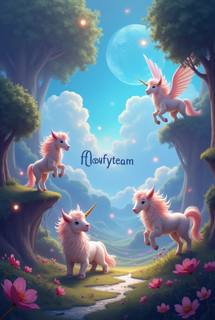 Des animaux magique avec écrit floufyteam en plein milieux