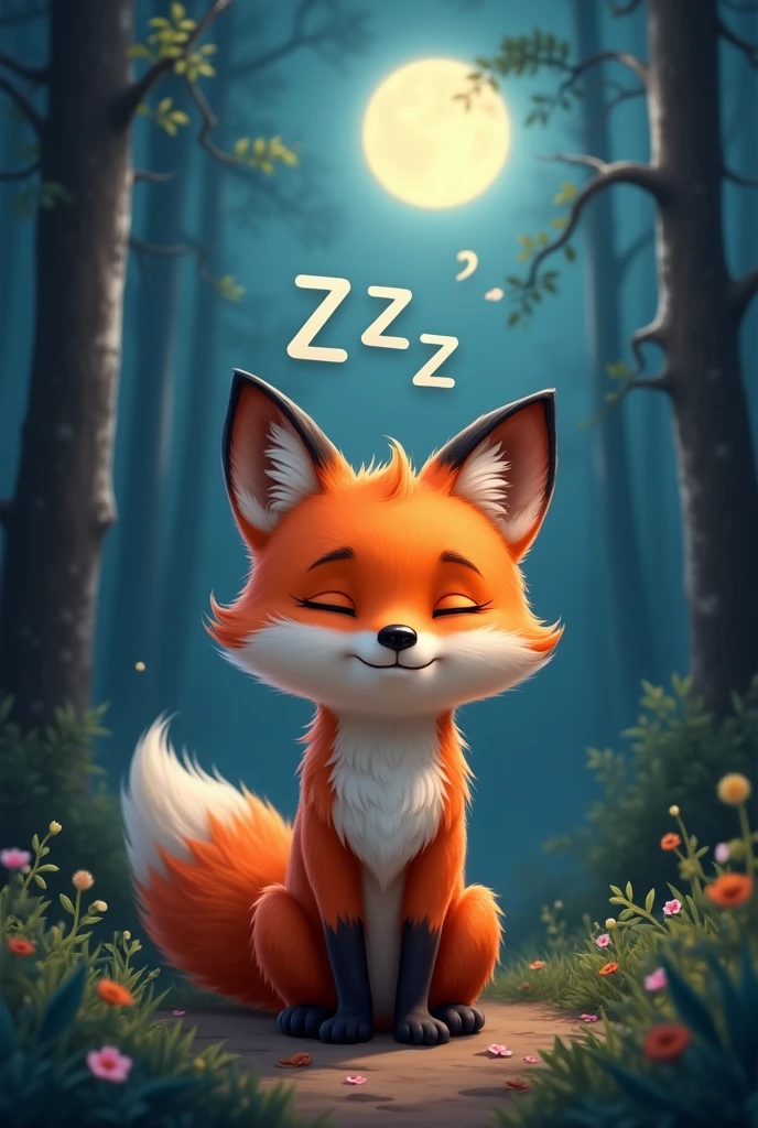 a red fox,Get ready to go home and sleep,Expression full of sleepiness,There is a ZZZ symbol on the head,Cute realistic style,Background night forest