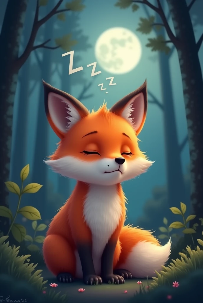 a red fox,Get ready to go home and sleep,Expression full of sleepiness,There is a ZZZ symbol on the head,Cute realistic style,Background night forest