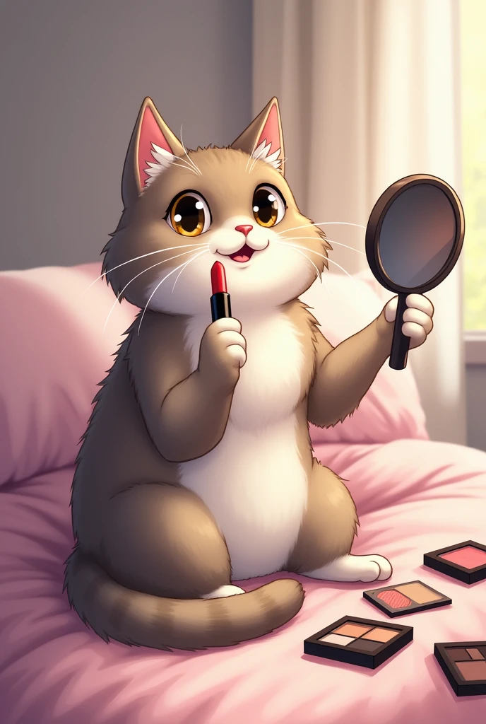 There is a cat. She is sitting on the bed. She has a mirror in her hand and a lipstick and there is makeup around her. She is makeup herself. 