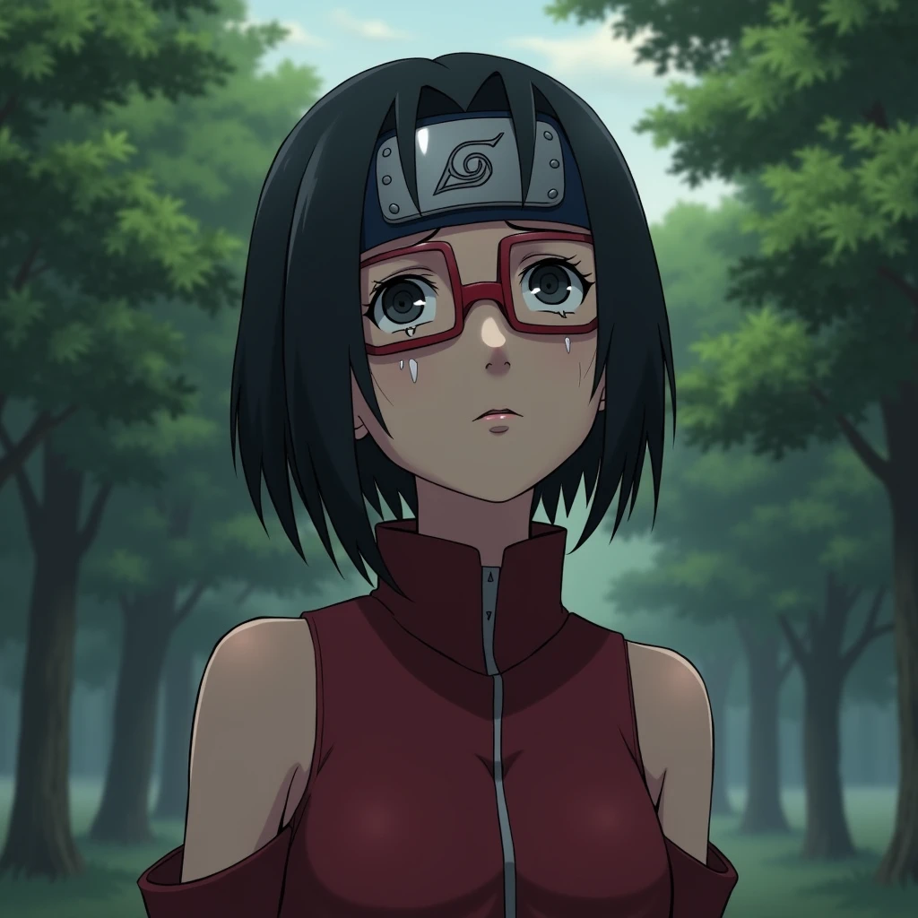 Sarada (a female character from boruto who has thin body, tiny boobs, a short hair neck with side parted hair and bangs swept aside, black eyes, wear headband konoha ninja on her forehead, red outfit with a collar that covers the neck, a middle slit from top to bottom of the outfit and her arms visible, and using a red rectangular glasses) looking up to the sky while shedding tears, looking so sad and cry (please make the background daytime and see some trees around it)