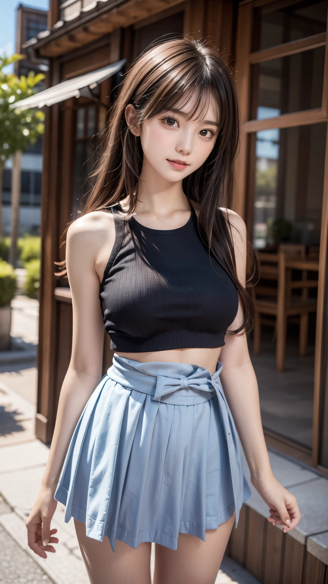 (((A pure and cute high school girl stands in a futuristic city:1.2))), (The strong wind blows the skirt up:1.4), (((Cute underwear is visible:1.2))), Beautiful straight hair, Brown Hair, Immersion, (Beautiful symmetrical eyes), ((Thin thighs, Inner thighs:1.2)), Slender body line, ((Tight waist:1.2)), (Japanese Idols, Baby Face, beautiful girl), (Goth Clothing:1.2), (Perfect Anatomy:1.2), Beautiful breasts, Beautiful buttocks, (Highest quality、Highest quality、Masterpiece、Ultra high definition、Reality:1.37), (Detailed eyes and face:1.3、Professional photography techniques)、(Detailed hands:1.1、The right move:1.1)、((Hair and skirt fluttering in the wind:1.3)), (((mini skirt)))