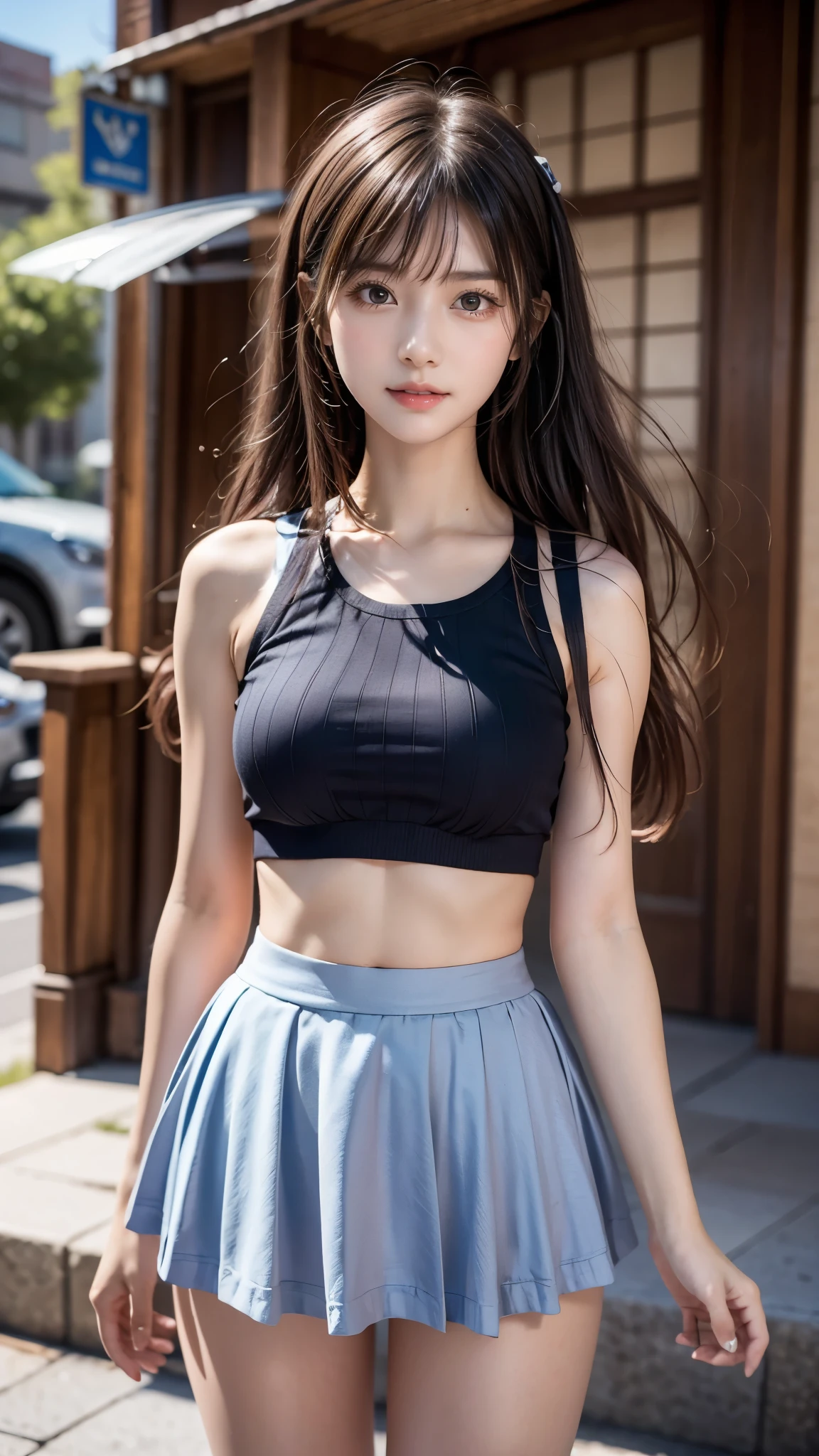 (((A pure and cute high school girl stands in a futuristic city:1.2))), (The strong wind blows the skirt up:1.4), (((Cute underwear is visible:1.2))), Beautiful straight hair, Brown Hair, Immersion, (Beautiful symmetrical eyes), ((Thin thighs, Inner thighs:1.2)), Slender body line, ((Tight waist:1.2)), (Japanese Idols, *********, beautiful girl), (Goth Clothing:1.2), (Perfect Anatomy:1.2), Beautiful breasts, Beautiful buttocks, (Highest quality、Highest quality、Masterpiece、Ultra high definition、Reality:1.37), (Detailed eyes and face:1.3、Professional photography techniques)、(Detailed hands:1.1、The right move:1.1)、((Hair and skirt fluttering in the wind:1.3)), (((mini skirt)))