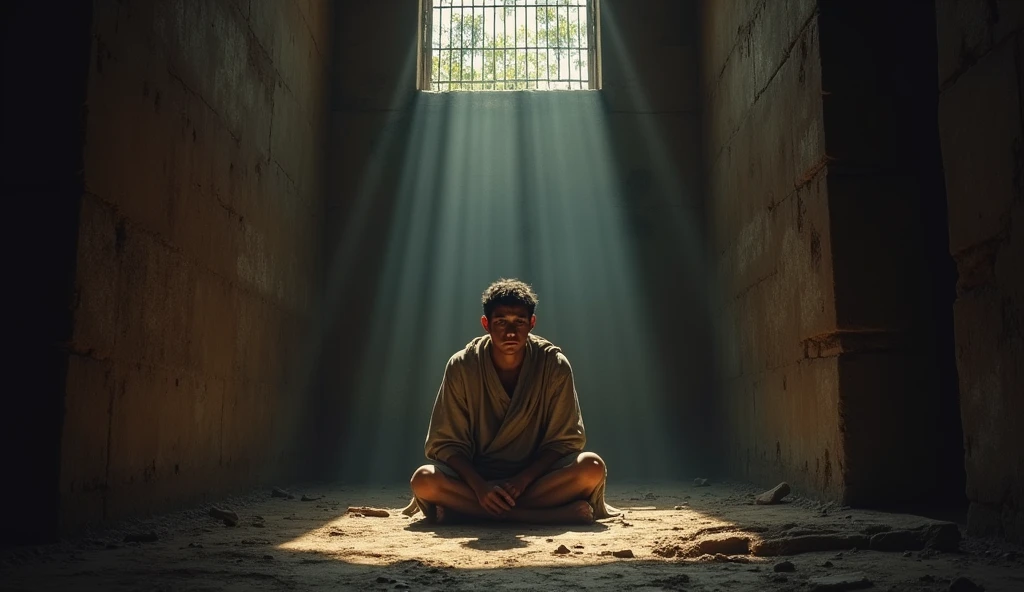 Joseph of Egypt in a dark and damp cell, sitting on the floor, with an expression of despair mixed with hope. Dim light enters through the cell grate, creating a contrast between darkness and light.