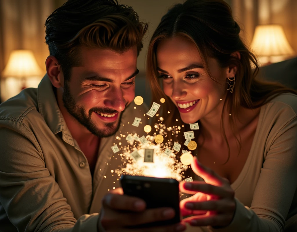 Side view of handsome man and beautiful woman playing with iPhone 15 in a fun pose. Showing the screen with dollar bills and gold coins shooting out of iPhone 15. The atmosphere of the living room. Real image, wide angle photo.