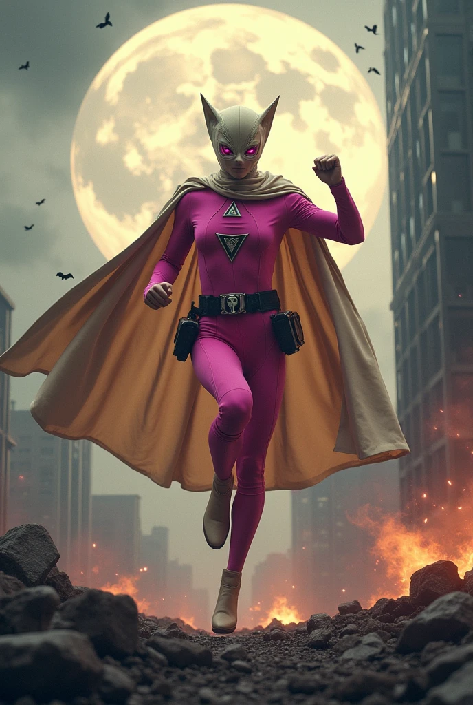 high-tech suit, vivid effects, malaysian superhero (KELUANG MAN) in a striking pink and beige costume cyberpunk design, mask small mini bat ear beige, daredevil biage mask, jumpsuit dark pink stands confidently in a dramatic.jumping from high place. Fighting pose , stormy landscape. ((Head covered node guard like batman. Running pose , athletic body type, small mini ear bat mask))The character wears domino mask a helmet with pointed mini torn ears and a flowing cape biege, open nose and mouth. Equipped with visible futuristic weapons on a belt,bullet proof jacket pink dark day.show fingers pose, dark night, big supermoon effect . Small logo on chest triangle shape small punisher logo center triangle cyber logo center on chest pink logo mini logo . rocky. Building top.smoke ground , bomb effect background, losse pants, losses costume.adding to --ar 3:4 --style raw --stylize 500 --v 6.1. chaos. Lot of small flying bat. One leg on the high stone