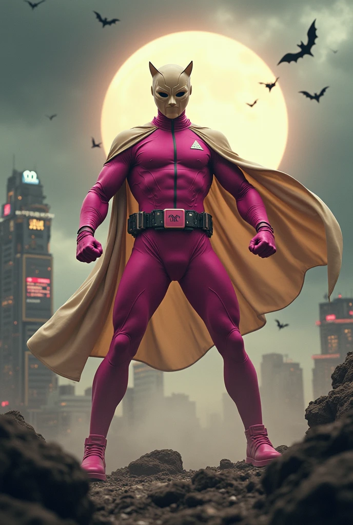 high-tech suit, vivid effects, malaysian superhero (KELUANG MAN) in a striking pink and beige costume cyberpunk design, mask small mini bat ear beige, daredevil biage mask, jumpsuit dark pink stands confidently in a dramatic.jumping from high place. Fighting pose , stormy landscape. ((Head covered node guard like batman. Running pose , athletic body type, small mini ear bat mask))The character wears domino mask a helmet with pointed mini torn ears and a flowing cape biege, open nose and mouth. Equipped with visible futuristic weapons on a belt,bullet proof jacket pink dark day.show fingers pose, dark night, big supermoon effect . Small logo on chest triangle shape small punisher logo center triangle cyber logo center on chest pink logo mini logo . rocky. Building top.smoke ground , bomb effect background, losse pants, losses costume.adding to --ar 3:4 --style raw --stylize 500 --v 6.1. chaos. Lot of small flying bat. One leg on the high stone