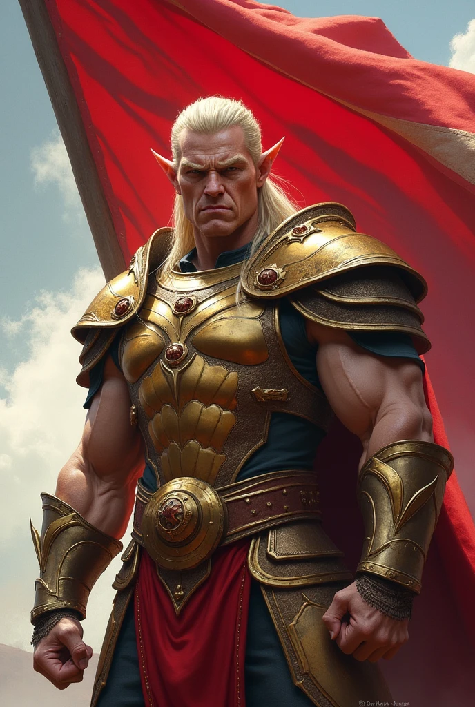 a blond muscular elf man with an angry face with gold armor with red details on the armor and in the background a red flag