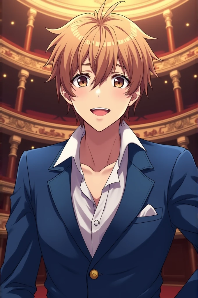 (High quality) anime (master piece) act addict actors itaru chigasaki, (best quality), (masterpiece),, blue jacket, white shirt, smiling, theater interior,