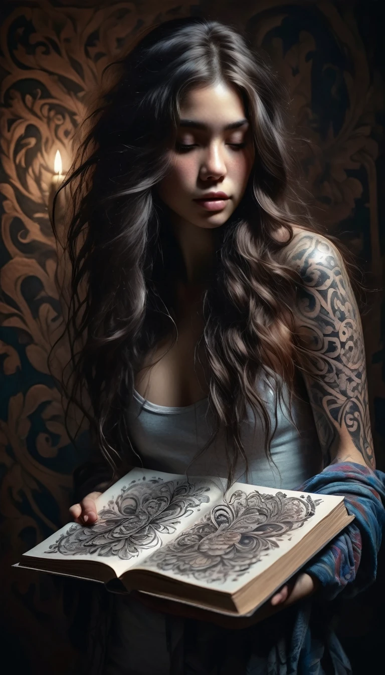 A beautiful young woman with long, loose hair, intricate tattoo patterns covering his body, Holding an open book, dramatic lighting, oil painting, cinematographic, chiaroscuro, dramatic shadows, deep and rich colors, Very detailed, photorealistic