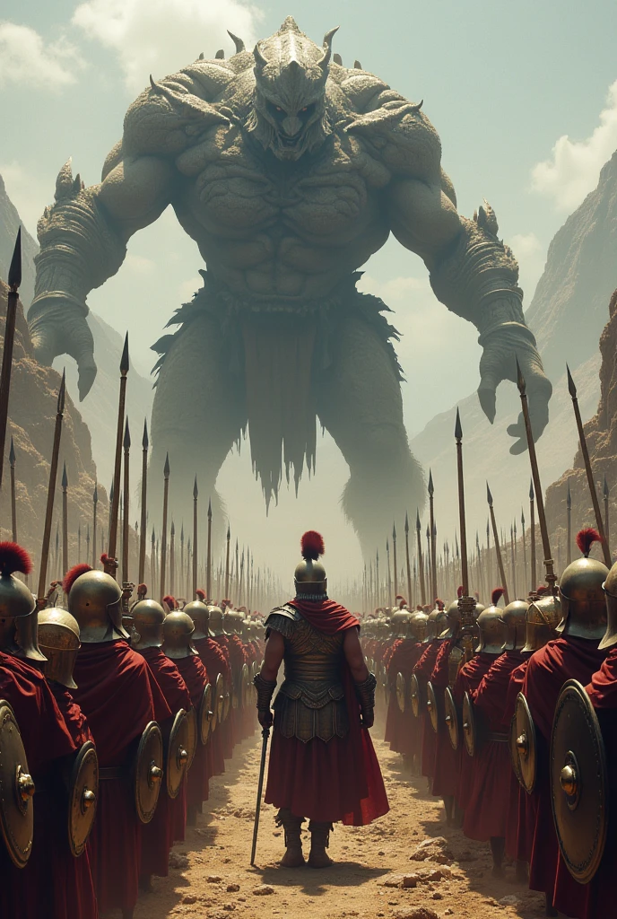 One thousend army of spartan empire with  1 leader  use spear and round shield fight gigantic monster and ten thousend demon army