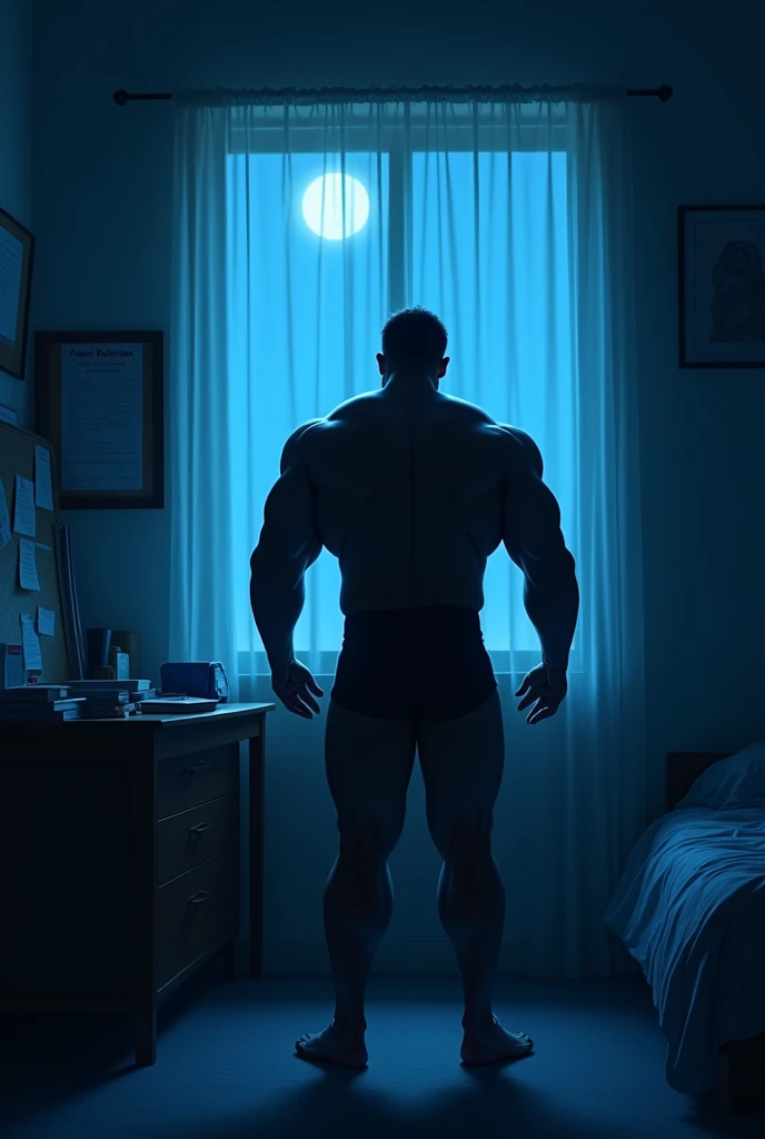 Bedroom, window light come from blue moon in room table with lot of books and notes notice board in the wall behind the table return no destruction only focus and adult man back side full shadow body shadow name written faizur Rahman in notice board clearly body builder shadow