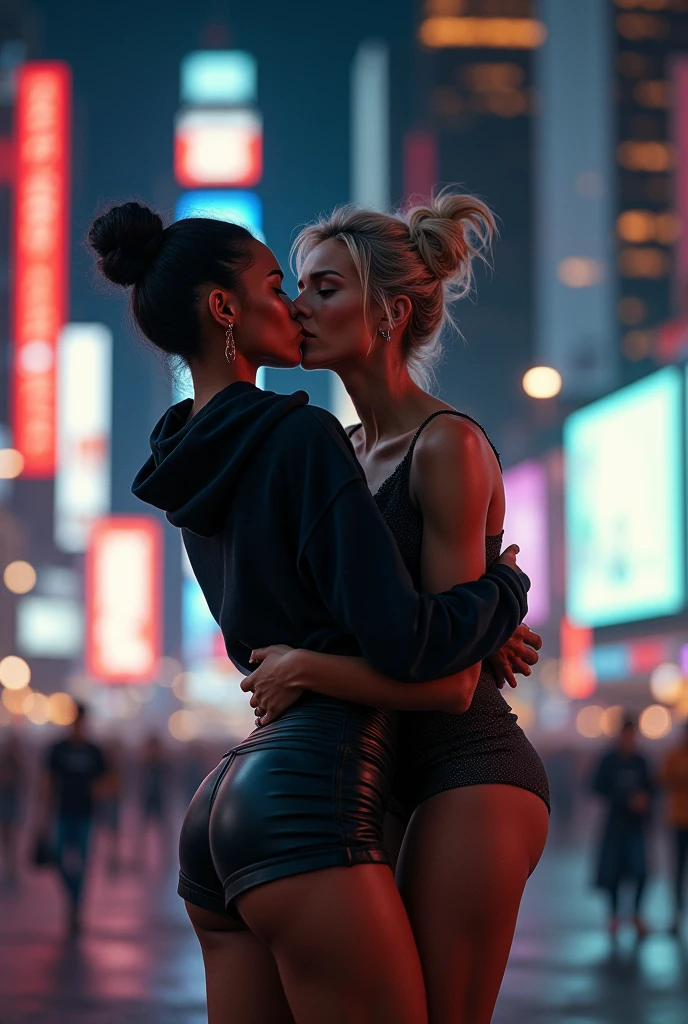 black woman hair in a bun black hoodie black leather short shorts old ugly woman standing behind her up against her wearing a dress with her arms around her waist kissing her neck time square new york city