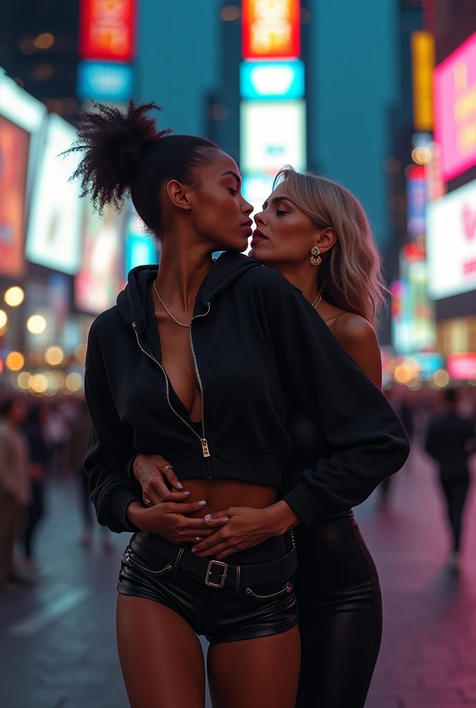 black woman hair in a bun black hoodie black leather short shorts old ugly woman standing behind her up against her wearing a dress with her arms around her waist kissing her neck time square new york city