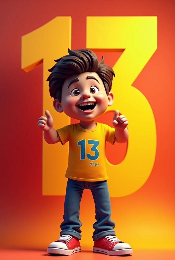 Create a mascot for WhatsApp profile pictures that will symbolize an I.In red and yellow colors called 13zinho that symbolizes a person running for mayor, the image has to represent a young person with 13 behind the image.