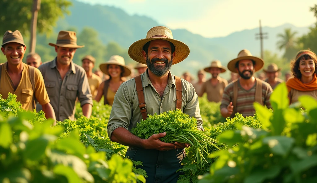 "The same field now lush and green, overflowing with healthy crops. The farmer, jubilant, is surrounded by villagers who are helping him collect the harvest. Everyone is smiling and celebrating"