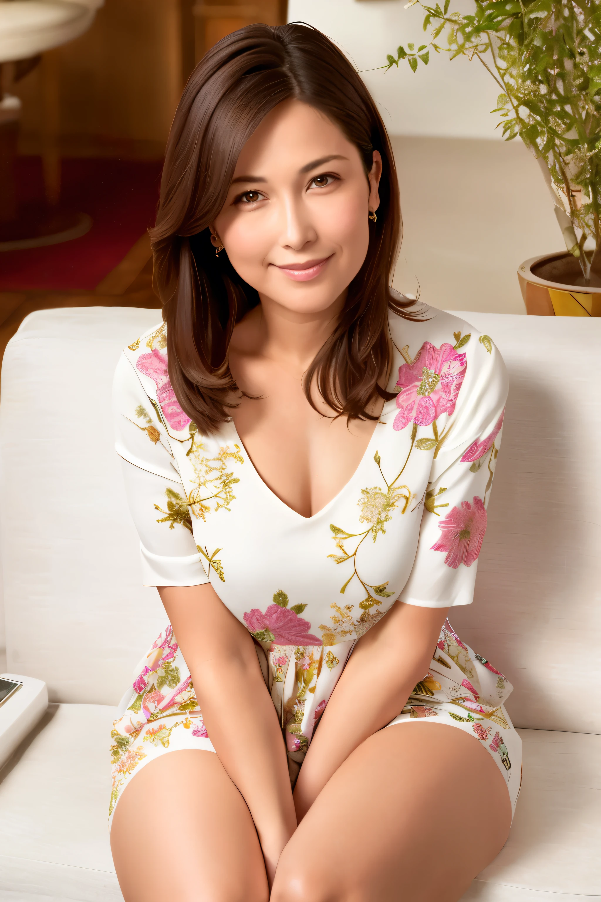 best quality, masterpiece, high resolution, Reality, RAW photos, 8k wallpaper, Perfect, Professional lighting, Very detailed, Written border depth, ((A beautiful woman)), ((40 years old sexy woman)), (In the hotel lobby), (Sit on a white sofa), ((Bright colors、Patterned dress)), ((View your audience)), Delicate face, beautiful eyes, (Sit with correct posture), Small, well-shaped breasts, (Sexy look), Light Brown Straight Hair, (thick lips), ((Place your arms between your legs)), Thigh details