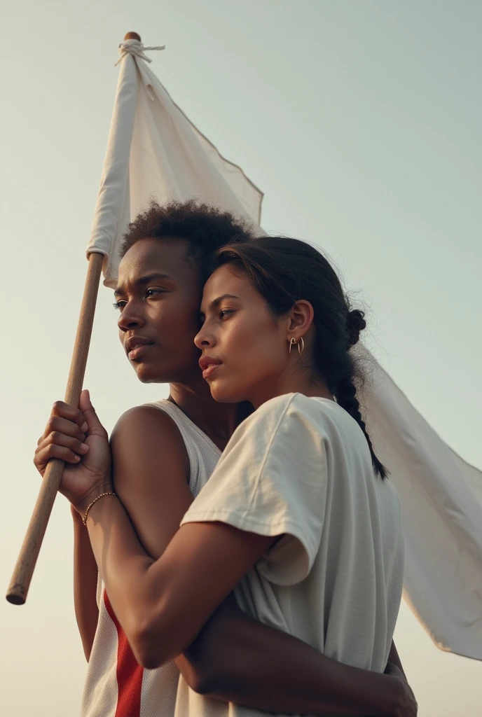 Refugee Olympic team athlete hugging a white flag (without stick)