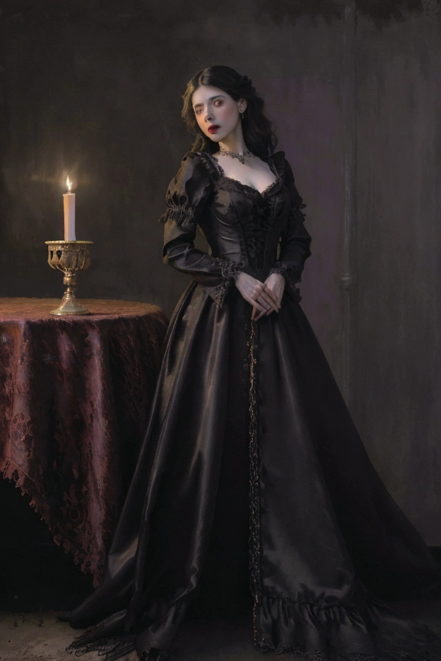 detailed oil painting of a beautiful victorian gothic lady, elegant woman with pale skin, dark long hair, intense eyes, red lips, dark dramatic makeup, wearing a black lace dress, dramatic lighting, cinematic moody atmosphere, ornate victorian furniture, candles, dark castle interior, dramatic shadows, high contrast, rich color palette, painterly textures, masterpiece, (best quality,4k,8k,highres,masterpiece:1.2),ultra-detailed,(realistic,photorealistic,photo-realistic:1.37)